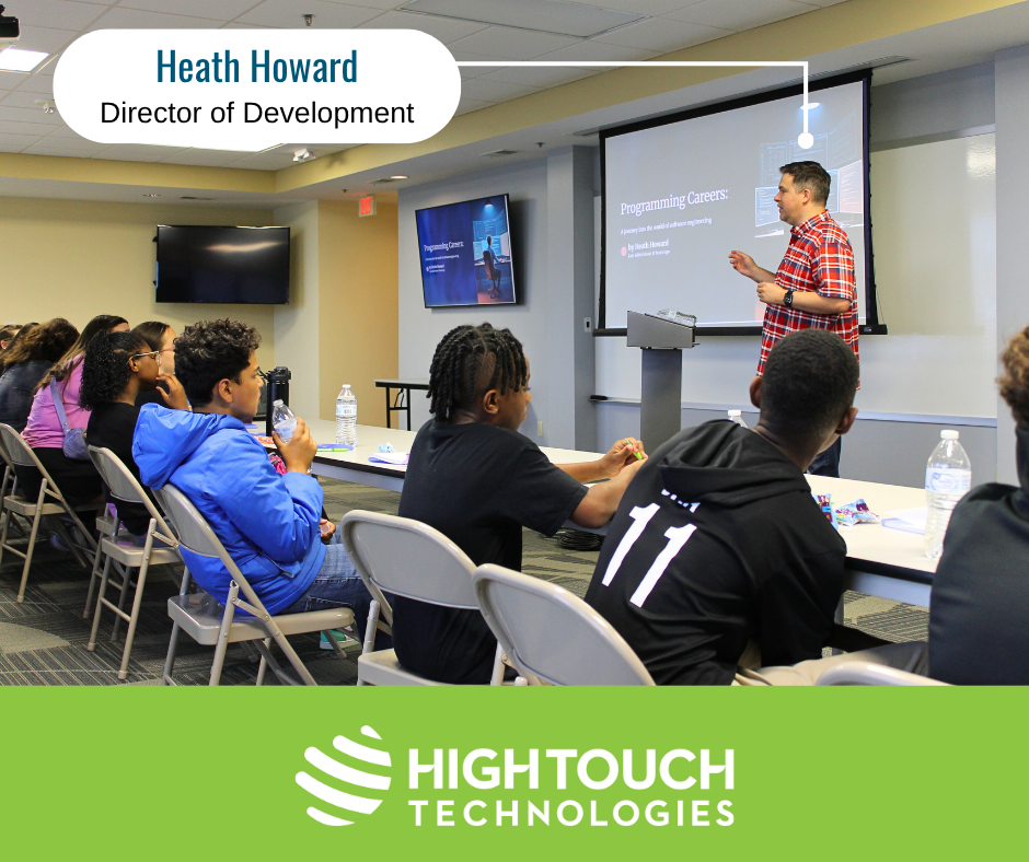 Heath Howard, Director of Development at High Touch Technologies, speaks to Club2Career students about software development and programming careers during a hands-on tech workshop in Wichita, Kansas.