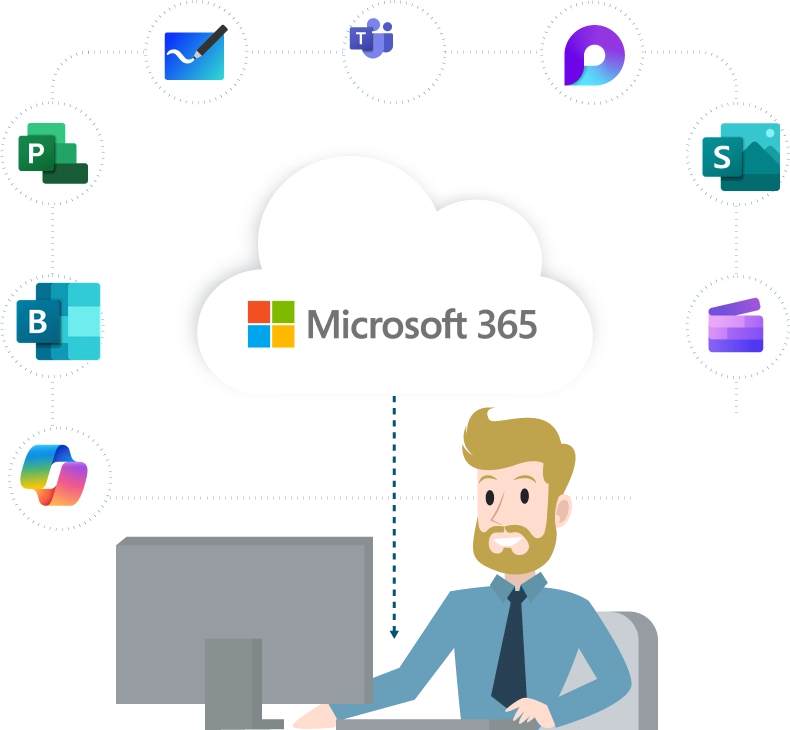 Illustration of a professional at a desk connected to Microsoft 365 cloud tools, representing the transition process for nonprofit organizations updating Microsoft 365 licenses.