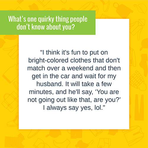 graphic with text "What's one quirky thing people don't know about you? question to Bythia and her response