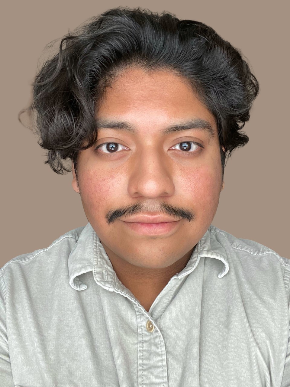 A portrait of Osvaldo Bailon, a Support Technician II at High Touch Technologies. Osvaldo has wavy black hair, a mustache, and a warm, confident expression. He is wearing a light-colored button-up shirt against a neutral beige background.